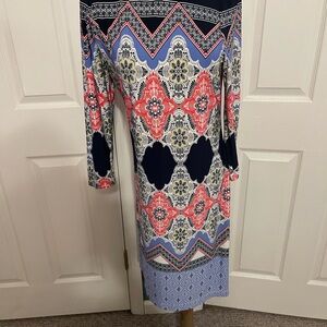 Barefoot Dreams Geometric Long Sleeve Dress - Navy, Coral, Cream